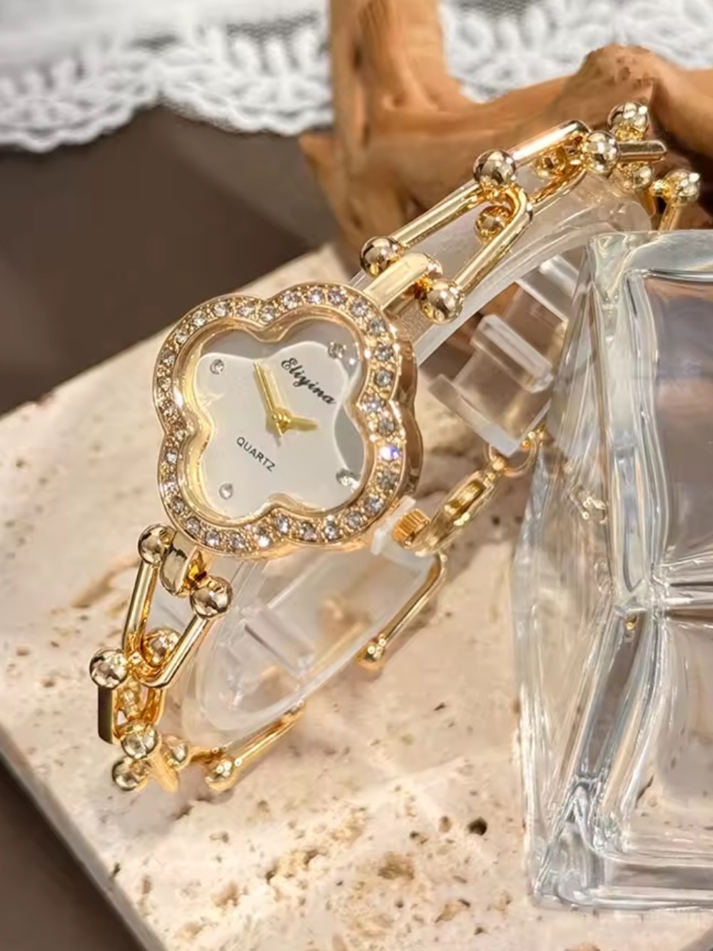 Anthropologie Luxury Gold Crystal Floral Bracelet Watch - Gold - Picture 2 of 4